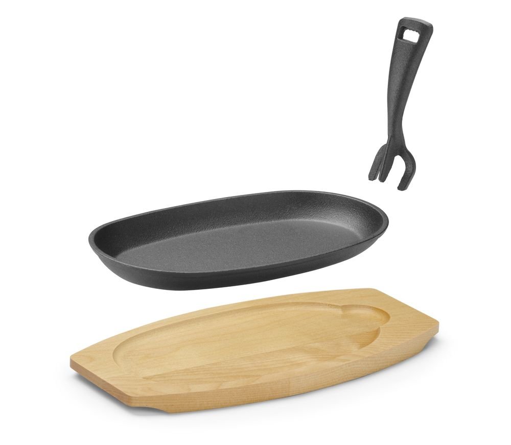 Gusseisenteller mit Holzunterlage und Greifzange, HENDI, Schwarz, 280x140x(H)30mm