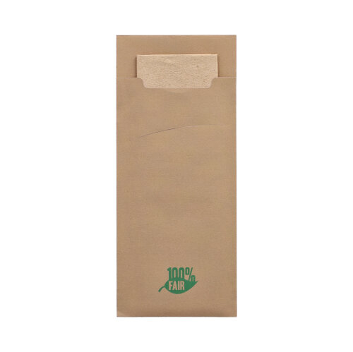 15600 Bestecktaschen 20 cm x 8,5 cm braun "100% Fair" inkl. naturfarbener Recycling-Serviette 33 x 33 cm 2-lag.
