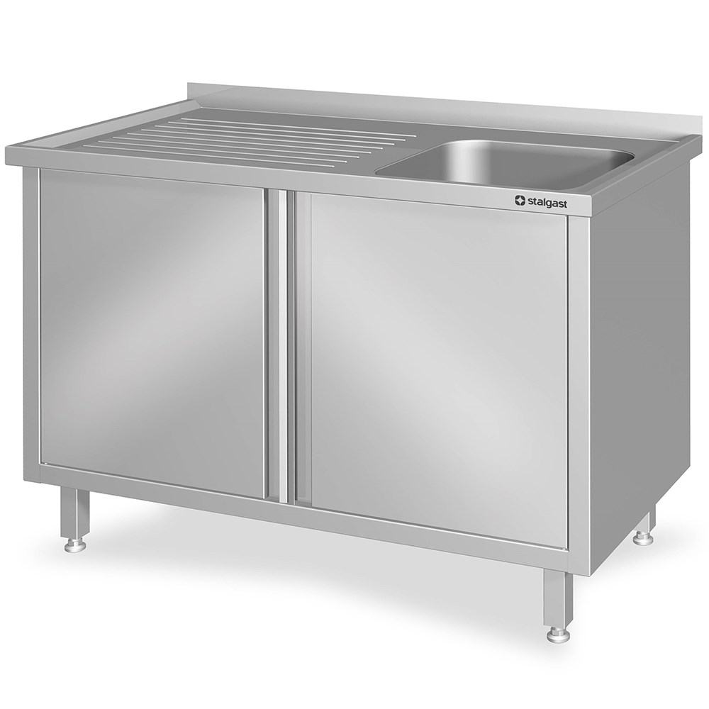 Spülschrank mit Flügeltüren 1400x700x850 mm, mit einem Becken rechts, mit Aufkantung, verschweißt