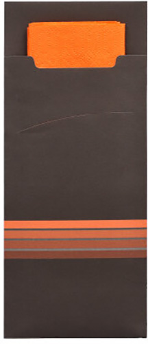 15600 Bestecktaschen 20 cm x 8,5 cm schwarz/orange "Stripes" inkl. farbiger Serviette 33 x 33 cm 2-lag.
