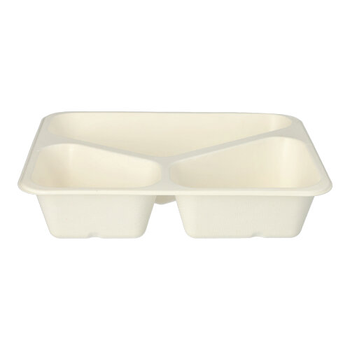 5400 Siegelschalen Zuckerrohr, PLA beschichtet 3-geteilt 1000 ml 4,9 cm x 22,7 cm x 17,8 cm