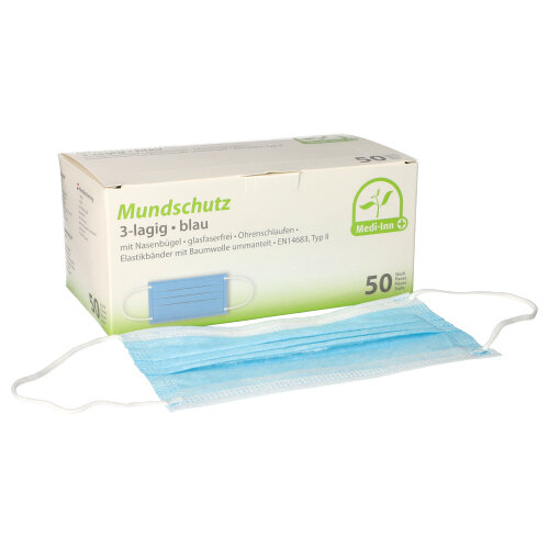 Medi-Inn® Mundschutz Type II 3-lagig 9 cm x 17,5 cm blau mit Nasenbügel