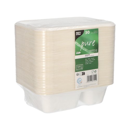 50 Schalen, Zuckerrohr "pure" 2-geteilt 5,6 cm x 15,3 cm x 20,3 cm weiss 4500 Schalen, Zuckerrohr "pure" 2-geteilt 5,6 cm x 15,3 cm x 20,3 cm weiss