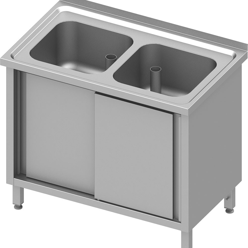 Spülschrank mit Schiebetüren 1000x700x850 mm, mit zwei Becken mit Aufkantung, verschweißt