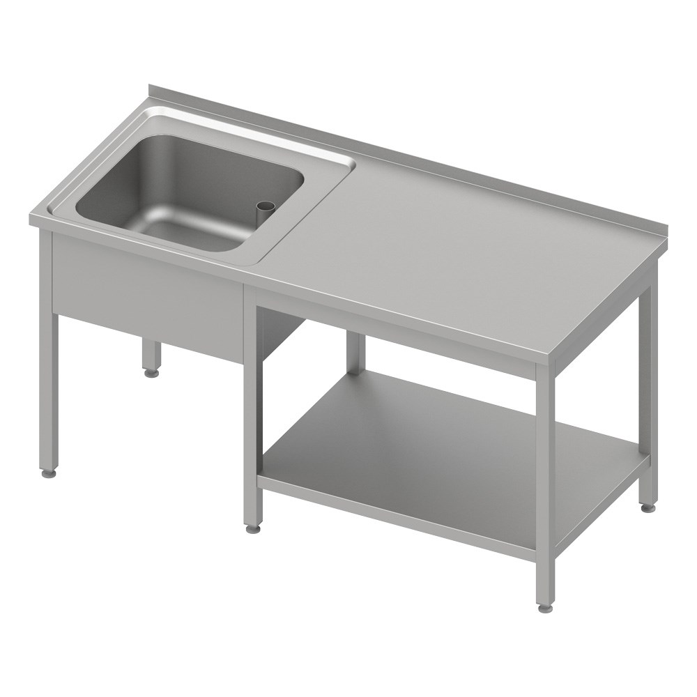 Cheftisch mit Grundboden unter der Arbeitsfläche, mit einem Becken links 1200x600x850 mm, mit Aufkantung, verschweißt Cheftisch mit Grundboden unter der Arbeitsfläche, mit einem Becken links 1800x700x850 mm, mit Aufkantung, verschweißt