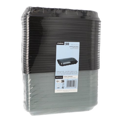 50 Sushi-Schalen R-PET rechteckig 21 cm x 13 cm x 4,3 cm schwarz mit transparentem Deckel 5600 Sushi-Schalen R-PET rechteckig 21 cm x 13 cm x 4,3 cm schwarz mit transparentem Deckel