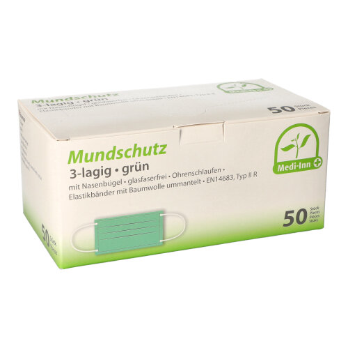 Medi-Inn® Mundschutz Type IIR 3-lagig 9 cm x 17,5 cm grün mit Nasenbügel und Elastikbänder Medi-Inn® Mundschutz Type IIR 3-lagig 9 cm x 17,5 cm grün mit Nasenbügel und Elastikbänder