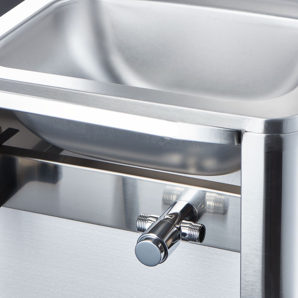 Edelstahl Handwaschbecken mit Kniebedienung, inkl. Armatur und Seifenspender, Wandmontage, 400 mm x 330 mm x 570 mm (BxTxH)