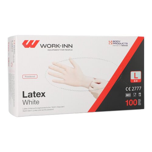 100 "WORK-INN" Handschuhe, Latex gepudert "White" weiss - natur Größe L 36000 "WORK-INN" Handschuhe, Latex gepudert "White" weiss - natur Größe L