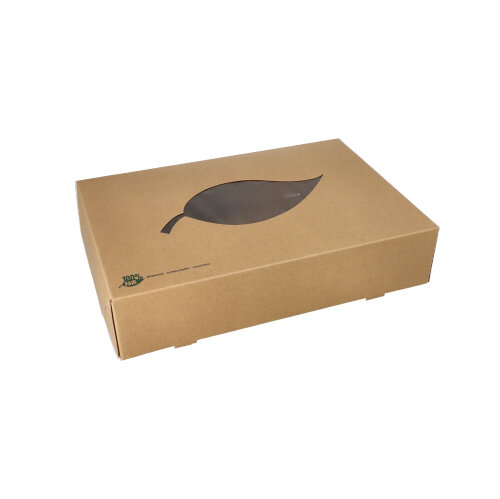 1200 Transport- und Catering-Kartons, Pappe "pure" 8 cm x 35,7 cm x 24,7 cm braun "100% Fair" mit Sichtfenster aus PLA