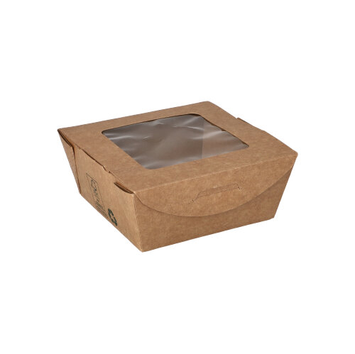 7680 Feinkostboxen, Pappe mit Sichtfenster aus PLA "pure" eckig 350 ml 4,5 cm x 9 cm x 9 cm braun "100% Fair"
