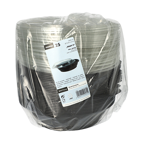 1350 Salatschalen, PET 1000 ml Ø 21,8 cm · 6 cm schwarz "Snap It" mit Deckel R-PET glasklar