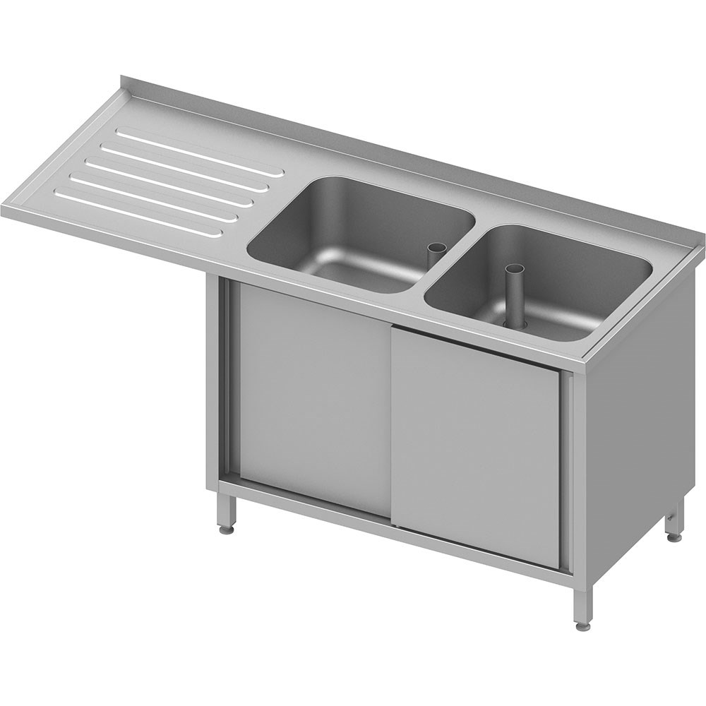 Spülschrank mit Schiebetüren und Überstand 1800x700x900 mm, mit zwei Becken rechts, mit Aufkantung, verschweißt