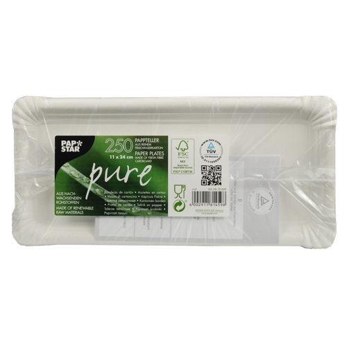 36000 Teller, Pappe "pure" eckig 11 cm x 24 cm weiss