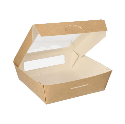 25 Feinkostboxen, Pappe mit Sichtfenster aus PLA eckig 1000 ml 16 cm x 16 cm x 5 cm braun 1800 Feinkostboxen, Pappe mit Sichtfenster aus PLA eckig 1000 ml 16 cm x 16 cm x 5 cm braun