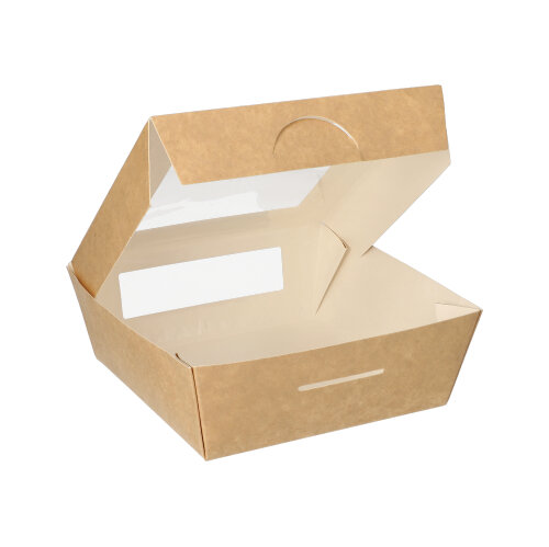 25 Feinkostboxen, Pappe mit Sichtfenster aus PLA eckig 750 ml 14 cm x 14 cm x 5 cm braun 2400 Feinkostboxen, Pappe mit Sichtfenster aus PLA eckig 750 ml 14 cm x 14 cm x 5 cm braun