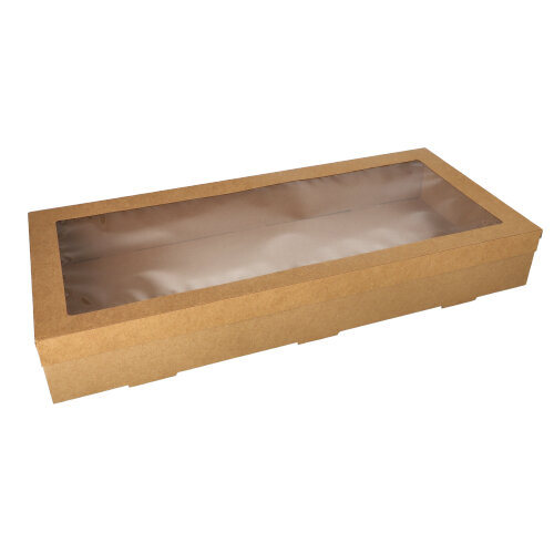 10 Transport- und Catering-Kartons, Pappe eckig 8 cm x 25,2 cm x 55,8 cm braun mit separatem Deckel und Sichtfenster aus PET 700 Transport- und Catering-Kartons, Pappe eckig 8 cm x 25,2 cm x 55,8 cm braun mit separatem Deckel und Sichtfenster aus PET