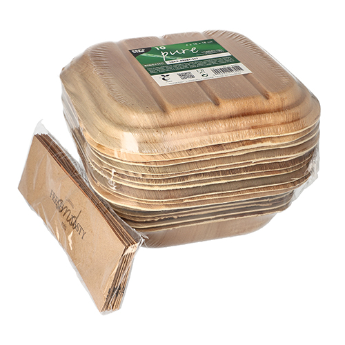 10 Trays, Palmblatt "pure" eckig 500 ml 6,5 cm x 20 cm x 20 cm mit Deckel und Banderole 900 Trays, Palmblatt "pure" eckig 500 ml 6,5 cm x 20 cm x 20 cm mit Deckel und Banderole