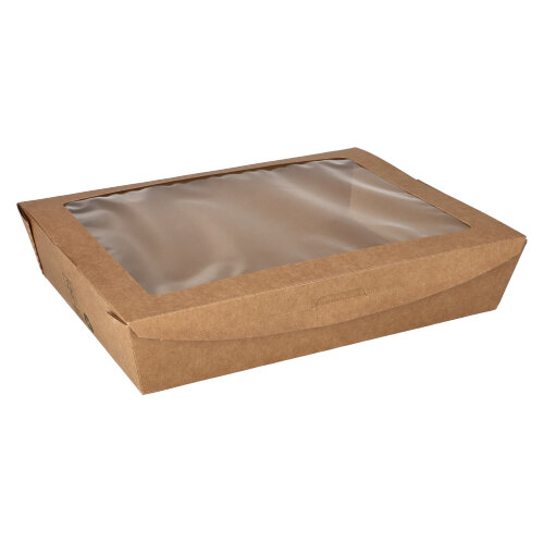 1920 Feinkostboxen, Pappe mit Sichtfenster aus PLA "pure" eckig 1500 ml 4,5 cm x 21 cm x 16 cm braun "100% Fair"