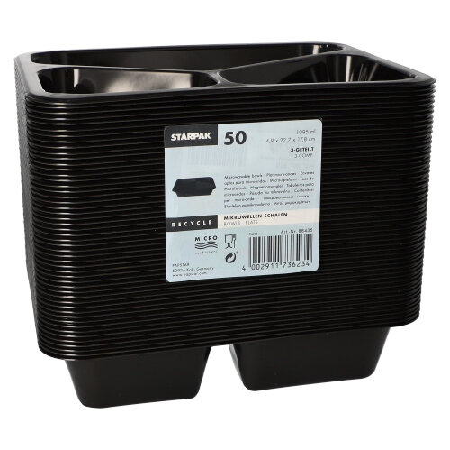 6000 Mikrowellenschalen, PP 3-geteilt 1095 ml 4,9 cm x 22,7 cm x 17,8 cm schwarz