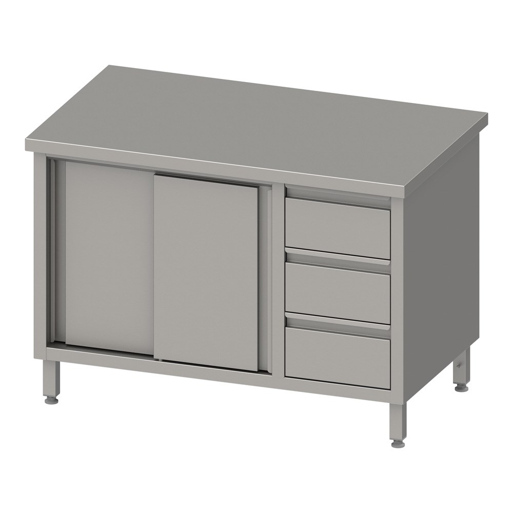 Arbeitsschrank mit Schiebetüren, 1600x600x850 mm, mit 3er Schubladenblock rechts, ohne Aufkantung, verschweißt Arbeitsschrank mit Schiebetüren, 1900x700x850 mm, mit 3er Schubladenblock rechts, ohne Aufkantung, verschweißt