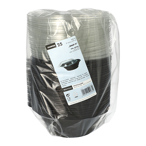 2400 Salatschalen, PET 600 ml Ø 16,6 cm · 5,9 cm schwarz "Snap It" mit Deckel R-PET glasklar