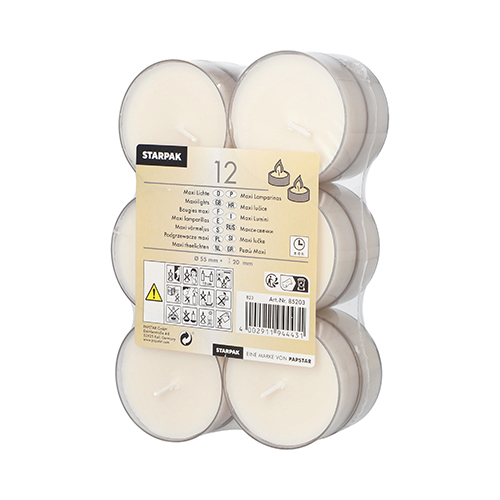 12 Maxi Lichte Ø 55 mm · 20 mm weiss · Brenndauer ca. 8 h, in Polycarbonathülle 11520 Maxi Lichte Ø 55 mm · 20 mm weiss · Brenndauer ca. 8 h, in Polycarbonathülle