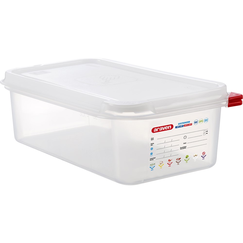 ARAVEN Gastronormbehälter mit Deckel, Polypropylen, GN 1/3 (100 mm) ARAVEN GN Behälter mit Deckel, Polypropylen, GN 1/3 (100 mm)