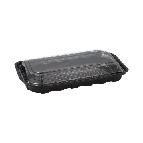 6400 Sushi-Schalen R-PET rechteckig 21 cm x 11 cm x 4,3 cm schwarz mit transparentem Deckel