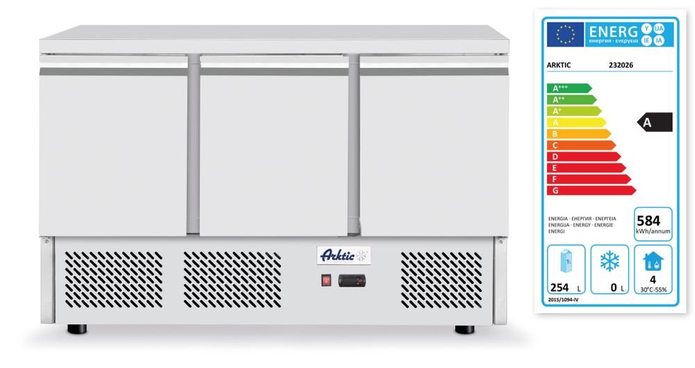 Kühltisch, dreitürig Kitchen Line 380L, Arktic, 230V/220W, 1375x700x(H)890mm Pizzatisch, dreitürig mit Aufsatzkühlvitrine 380+40L, Arktic, 254L, 230V/400W, 1400x700x(H)1491mm