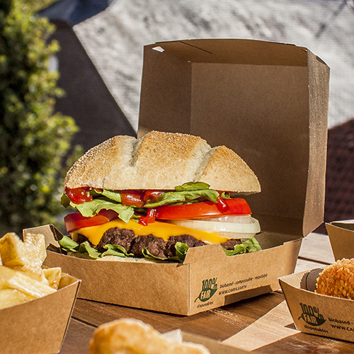 1800 Burgerboxen, Pappe 9 cm x 18,5 cm x 18,5 cm braun "100% Fair" extra groß
