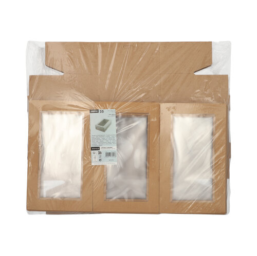 25 Transport- und Catering-Kartons, Pappe eckig 8 cm x 15,3 cm x 25,5 cm braun mit separatem Deckel und Sichtfenster aus PET 1400 Transport- und Catering-Kartons, Pappe eckig 8 cm x 15,3 cm x 25,5 cm braun mit separatem Deckel und Sichtfenster aus PET