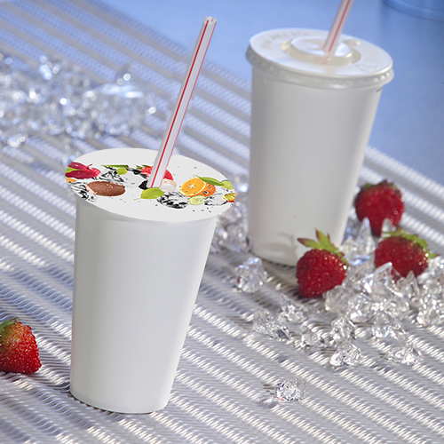 500 Abdeckungen für Becher, Pappe rund Ø 10 cm "Fruits" mit Lochung