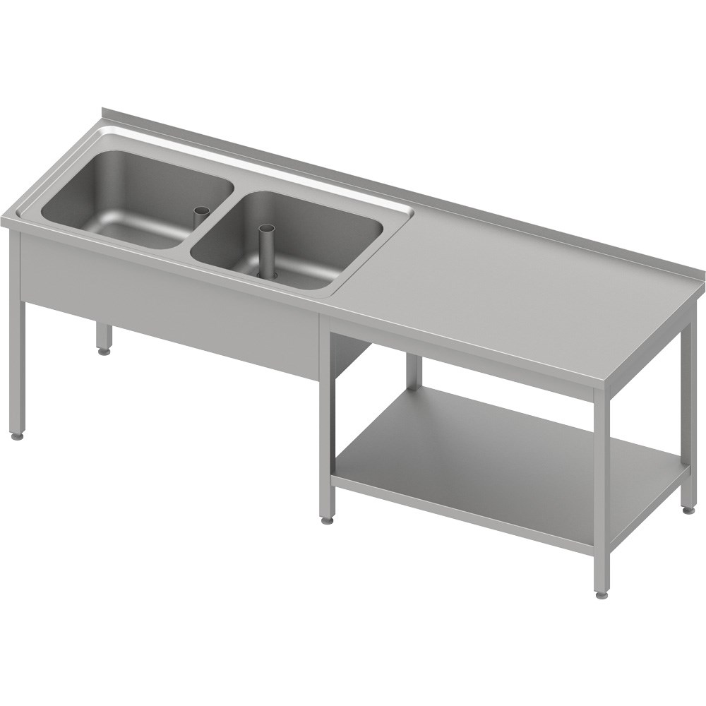 Cheftisch mit Grundboden unter der Arbeitsfläche, mit zwei Becken links 1800x600x850 mm, mit Aufkantung, verschweißt Cheftisch mit Grundboden unter der Arbeitsfläche, mit zwei Becken links 2600x700x850 mm, mit Aufkantung, verschweißt