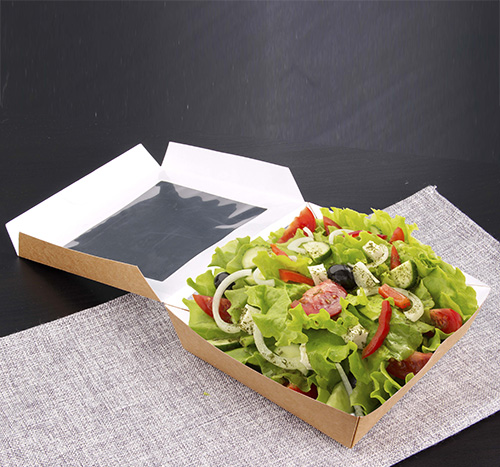 1400 Feinkostboxen, Pappe mit Sichtfenster aus PLA eckig 1500 ml 19 cm x 19 cm x 5 cm braun