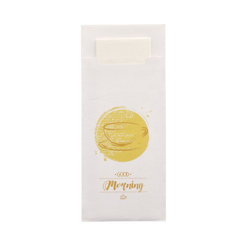 15600 Bestecktaschen 20 cm x 8,5 cm weiss "Good Morning" inkl. weißer Serviette 33 x 33 cm 2-lag.