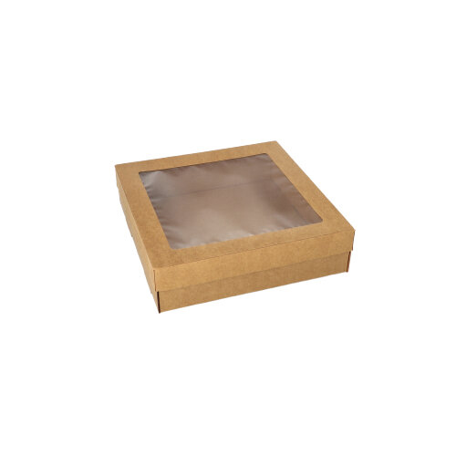 25 Transport- und Catering-Kartons, Pappe eckig 6 cm x 22,5 cm x 22,5 cm braun mit separatem Deckel und Sichtfenster aus PET 100 Transport- und Catering-Kartons, Pappe eckig 6 cm x 22,5 cm x 22,5 cm braun mit separatem Deckel und Sichtfenster aus PET