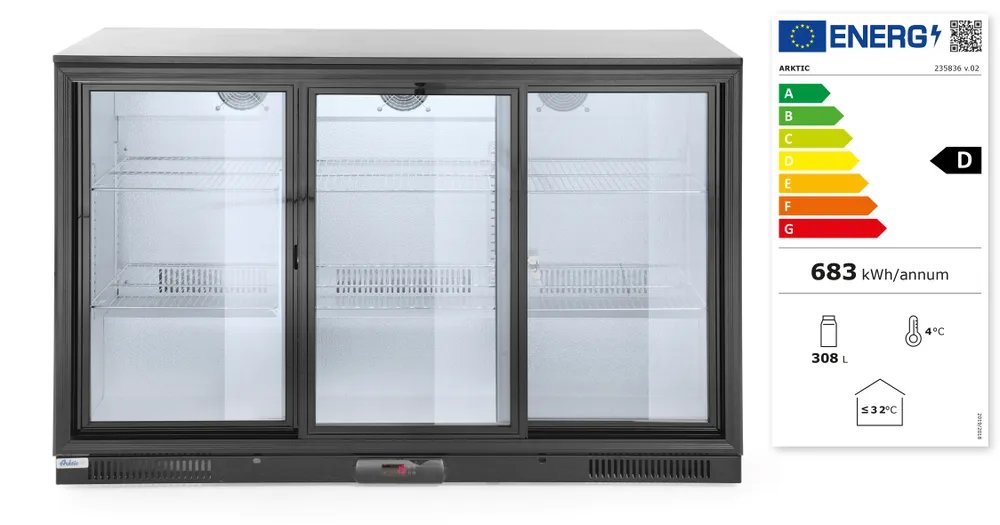 Kühlschrank mit drei Schiebetüren an der Bar, Arktic, 254L, Schwarz, 220-240V/160W, 1350x520x(H)865mm Kühlschrank mit drei Schiebetüren an der Bar, Arktic, 254L, Schwarz, 220-240V/160W, 1350x520x(H)865mm