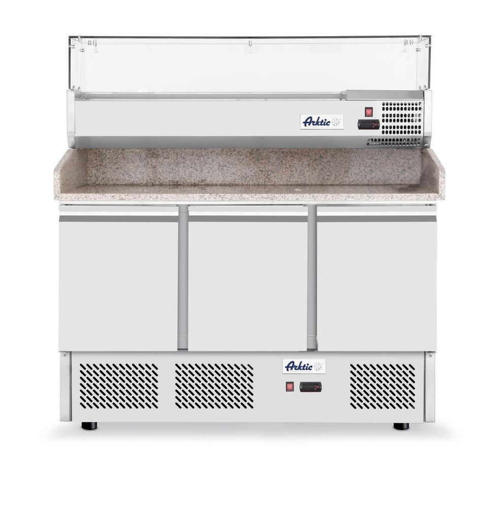 Pizzatisch, dreitürig mit Aufsatzkühlvitrine 380+40L, Arktic, 254L, 230V/400W, 1400x700x(H)1491mm Pizzatisch, dreitürig mit Aufsatzkühlvitrine 380+40L, Arktic, 254L, 230V/400W, 1400x700x(H)1491mm