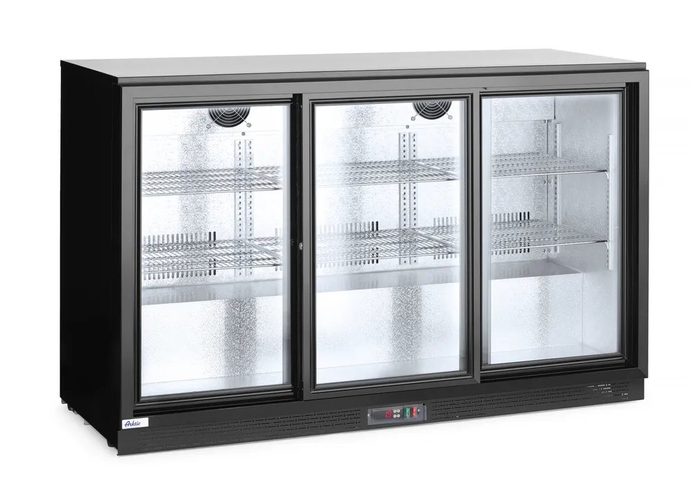 Kühlschrank mit drei Schiebetüren an der Bar, Arktic, 254L, Schwarz, 220-240V/160W, 1350x520x(H)865mm Kühlschrank mit drei Schiebetüren an der Bar, Arktic, 254L, Schwarz, 220-240V/160W, 1350x520x(H)865mm