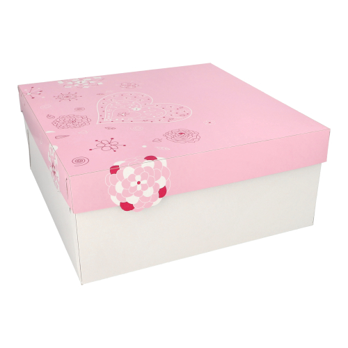 1440 Tortenkartons, mit Deckel, Pappe eckig 30 cm x 30 cm x 13 cm weiss/rosa "Lovely Flowers"