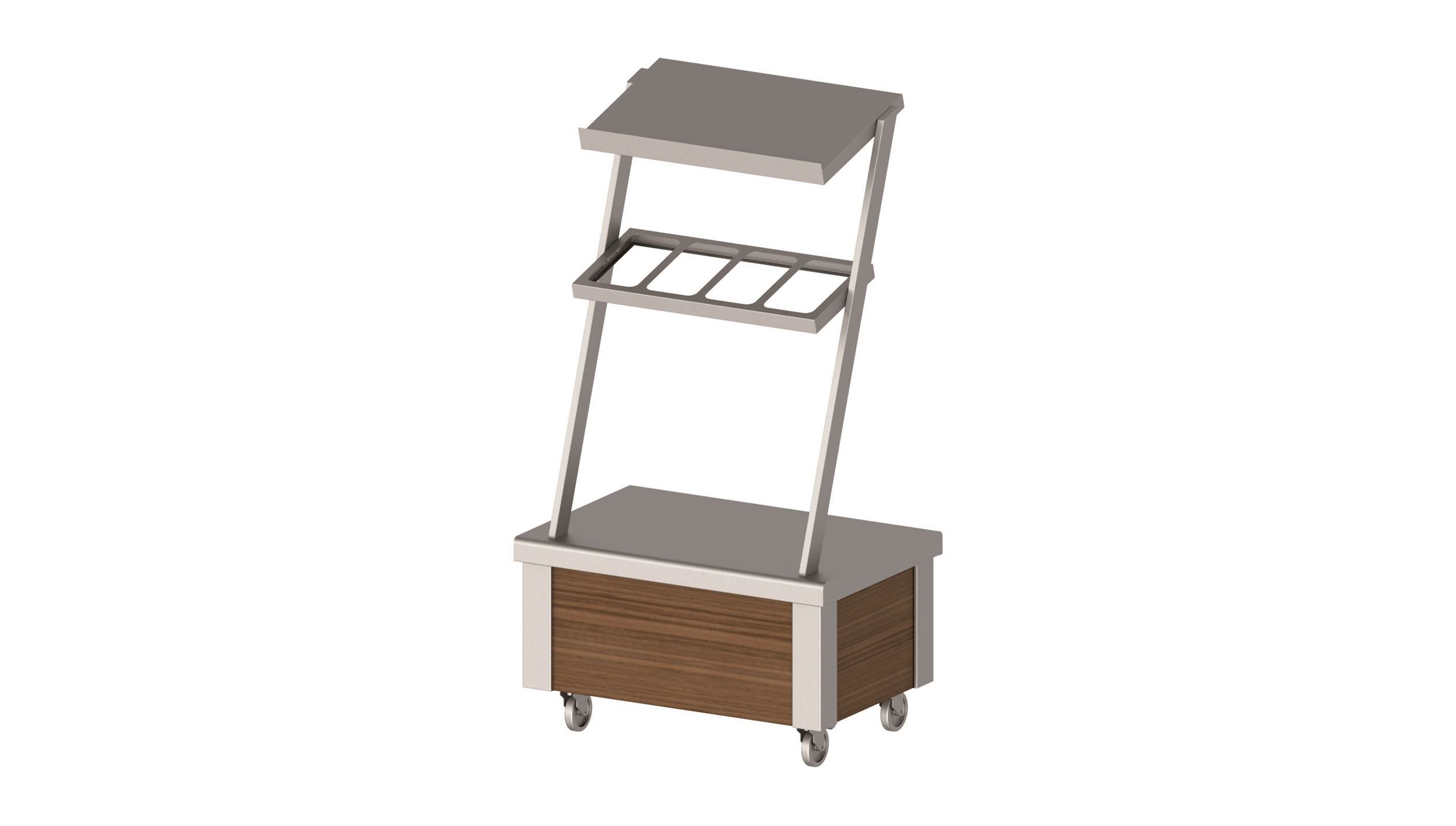 Neutralelement mit Aufsatzbord und Besteckausgabe, fahrbar mit Dekorplatten 860x575x1580 mm für Speisenausgabesysteme Neutralelement mit Aufsatzbord und Besteckausgabe, fahrbar mit Dekorplatten 860x575x1580 mm für Speisenausgabesysteme