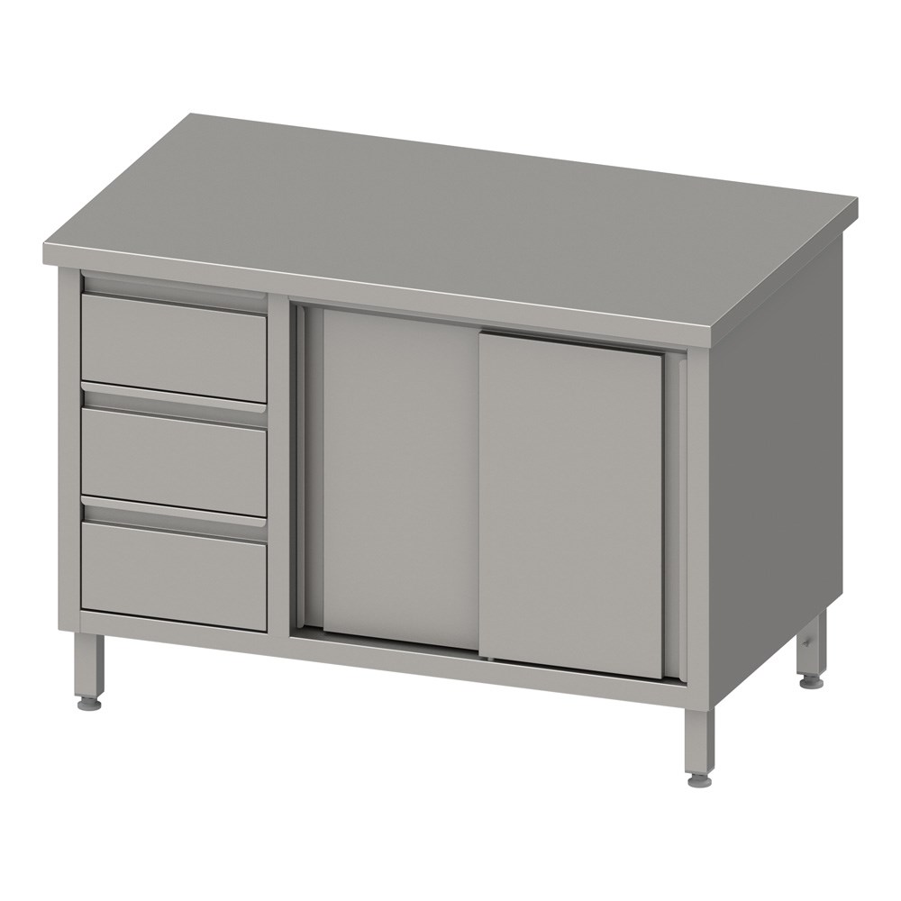 Arbeitsschrank mit Schiebetüren, 1400x600x850 mm, mit 3er Schubladenblock links, ohne Aufkantung, verschweißt Arbeitsschrank mit Schiebetüren 2000x700x850 mm, mit 3er Schubladenblock links, ohne Aufkantung, verschweißt