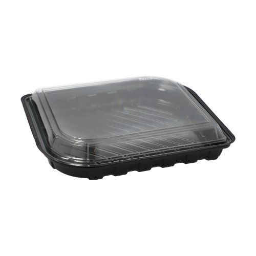 600 Sushi-Schalen R-PET rechteckig 21 cm x 18 cm x 4,3 cm schwarz mit transparentem Deckel