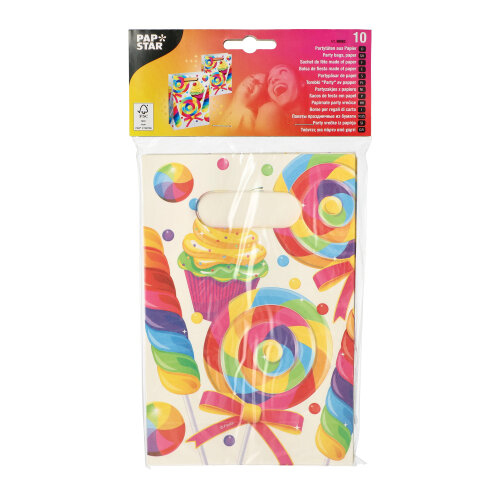 17600 Partytüten, Papier 21 cm x 14 cm x 6 cm farbig "Candies" mit Griff
