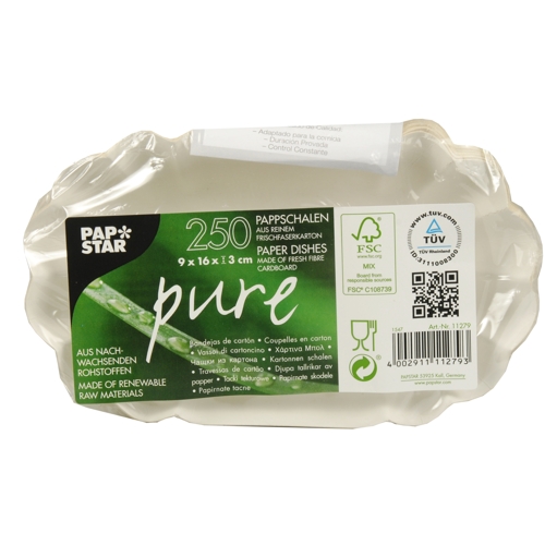 250 Schalen, Pappe "pure" oval 9 cm x 16 cm x 3 cm weiss 60000 Schalen, Pappe "pure" oval 9 cm x 16 cm x 3 cm weiss