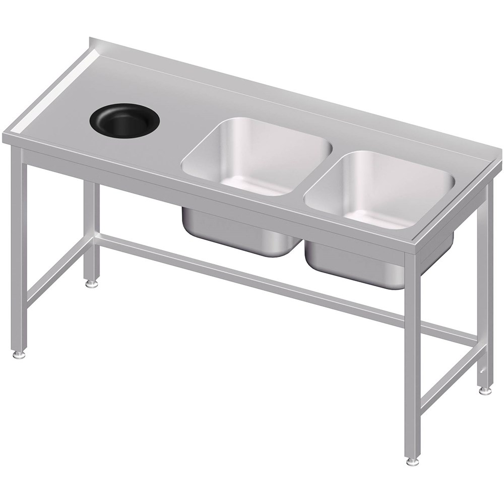 Spültisch ohne Grundboden, mit Abfallloch, 1900x700x850 mm, mit zwei Becken rechts, mit Aufkantung, verschweißt
