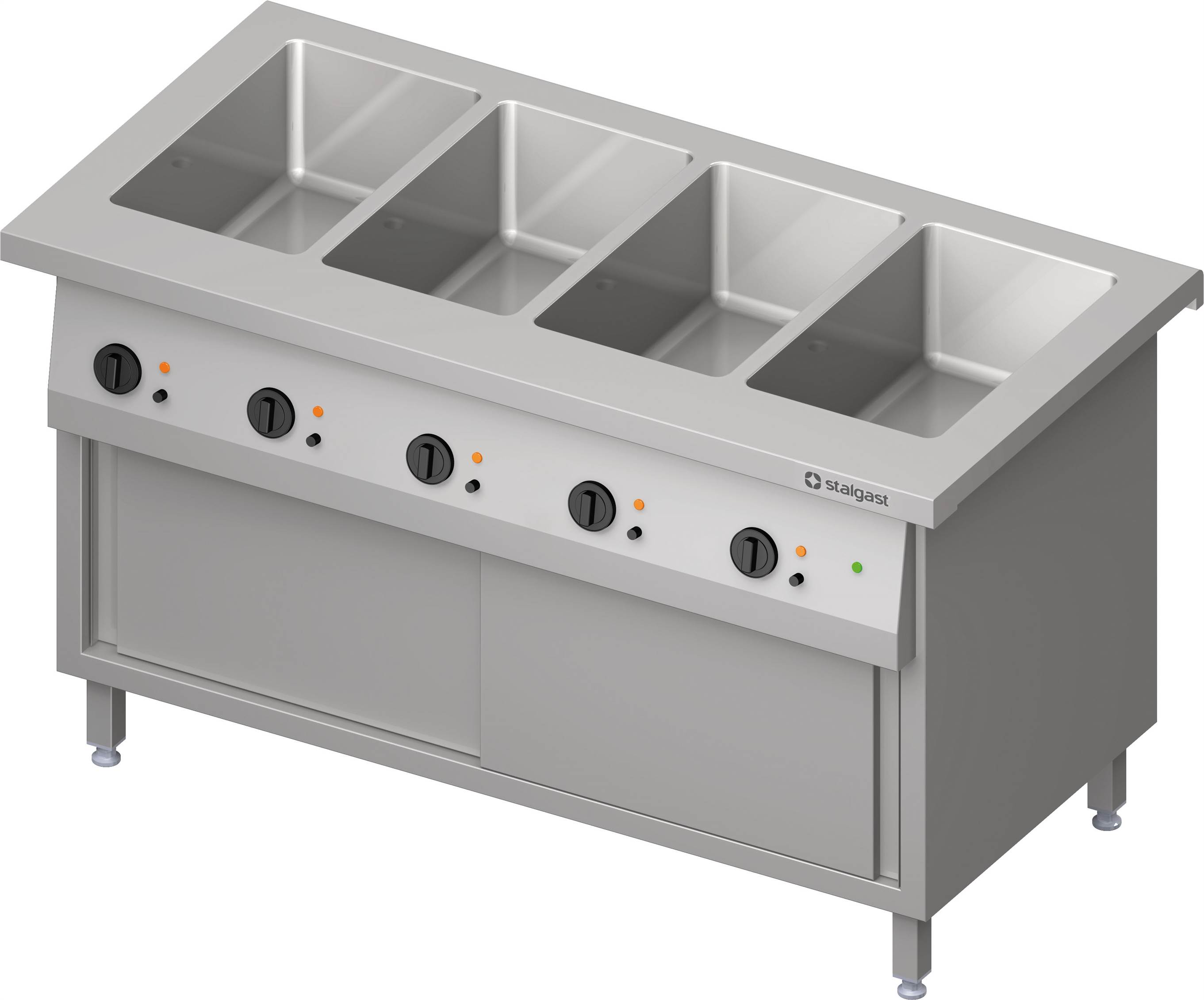 Bain-Marie-Station "Free Flow" 4x GN1/1-Becken, mit Wärmeschrank und Schiebetüren, 1465x735x880 mm Granitabdeckung "Standard G1"