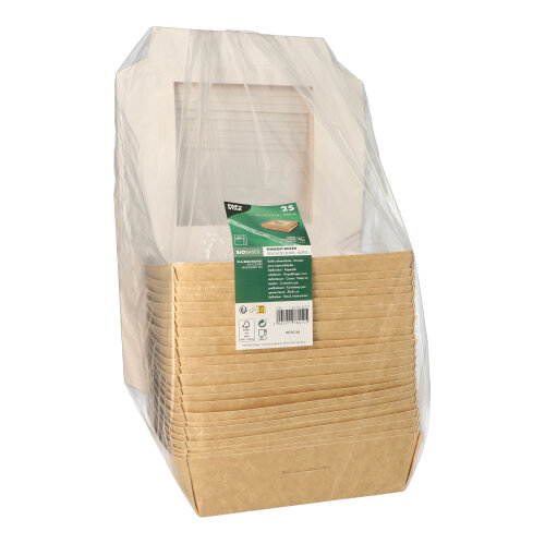 1400 Feinkostboxen, Pappe mit Sichtfenster aus PLA eckig 1500 ml 19 cm x 19 cm x 5 cm braun