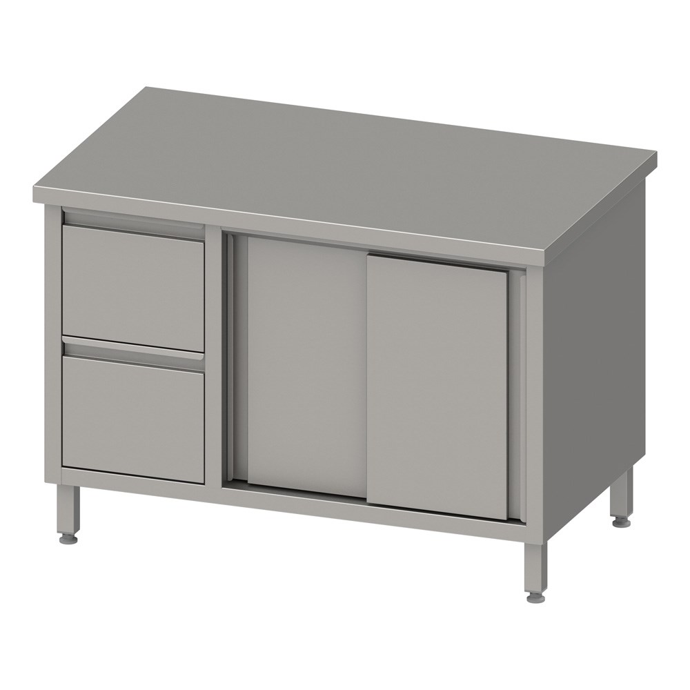 Arbeitsschrank mit Schiebetüren, 1400x700x850 mm, mit 2er Schubladenblock links, ohne Aufkantung, verschweißt Arbeitsschrank mit Schiebetüren, 1900x700x850 mm, mit 2er Schubladenblock links, ohne Aufkantung, verschweißt